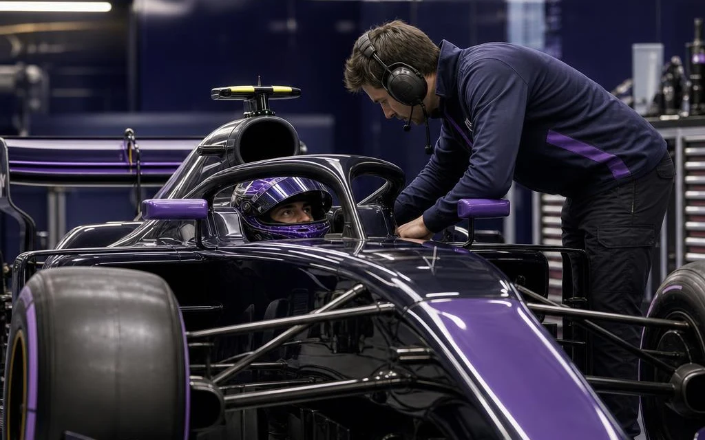 Engineer discusses the race plan with the driver in the workshop.