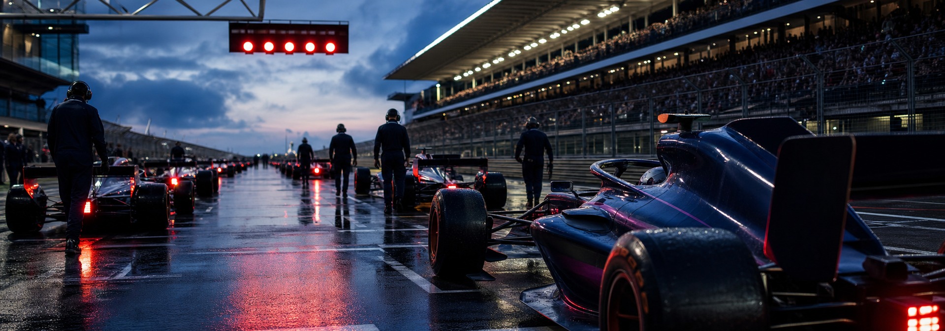 Starting grid with race cars and red starting lights