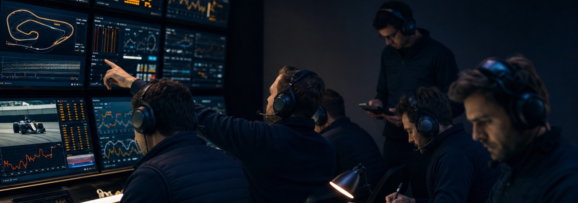 Race control team analyzing telemetry data on a video wall